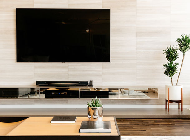 Zen-inspired living room with stone media wall